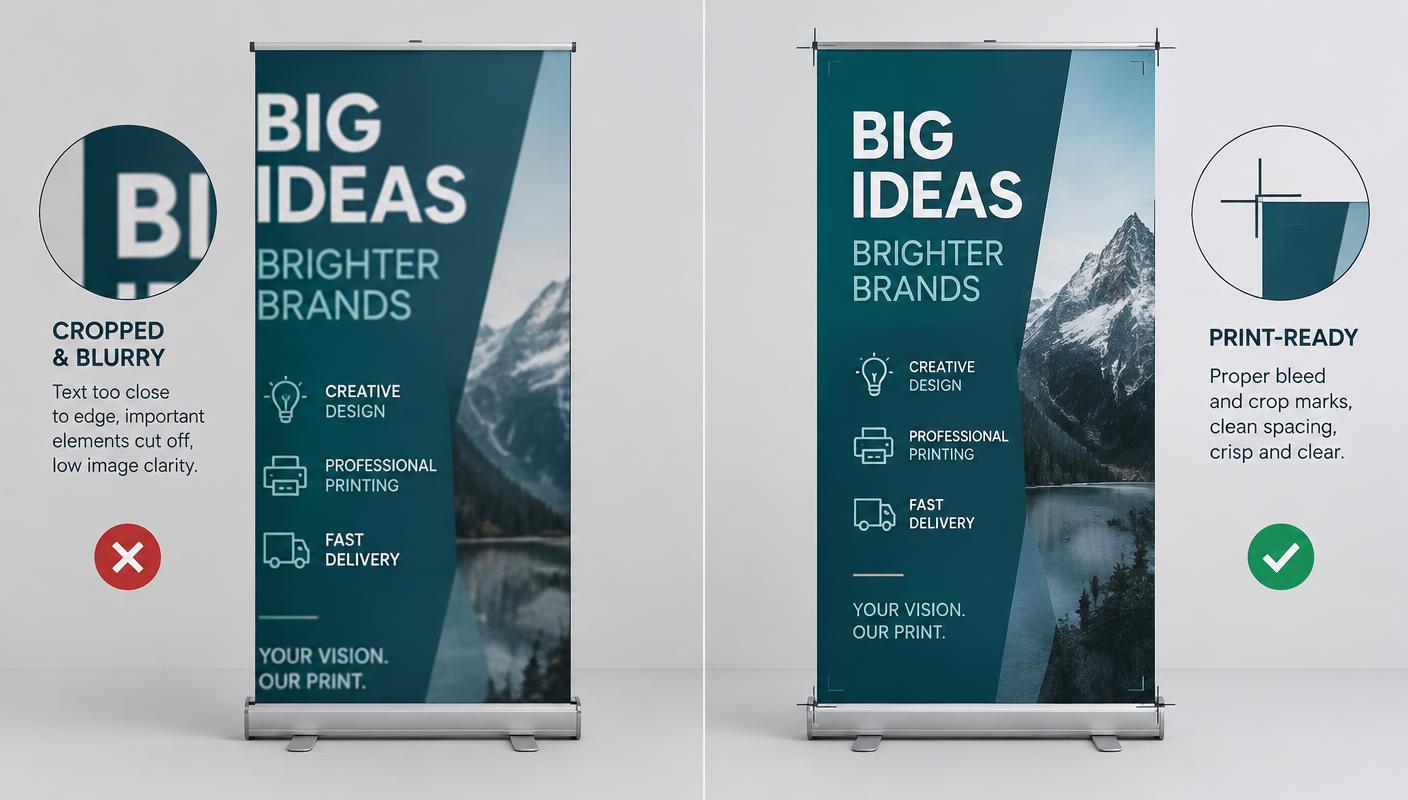 Two roll-up banners compared: one cropped and blurry, one print-ready with bleed and crop marks